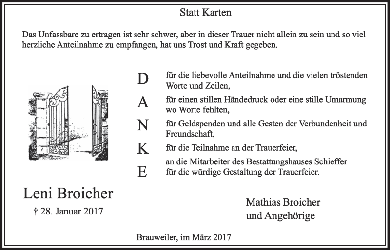  Traueranzeige für Leni Broicher vom 04.03.2017 aus  Sonntags-Post 