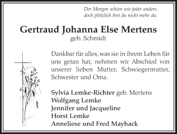 Anzeige von Gertraud Johanna Mertens von  Schlossbote/Werbekurier 