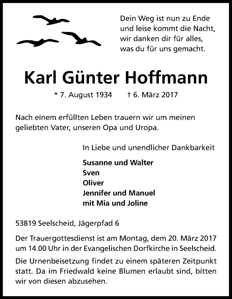  Traueranzeige für Karl Günter Hoffmann vom 11.03.2017 aus Kölner Stadt-Anzeiger / Kölnische Rundschau / Express