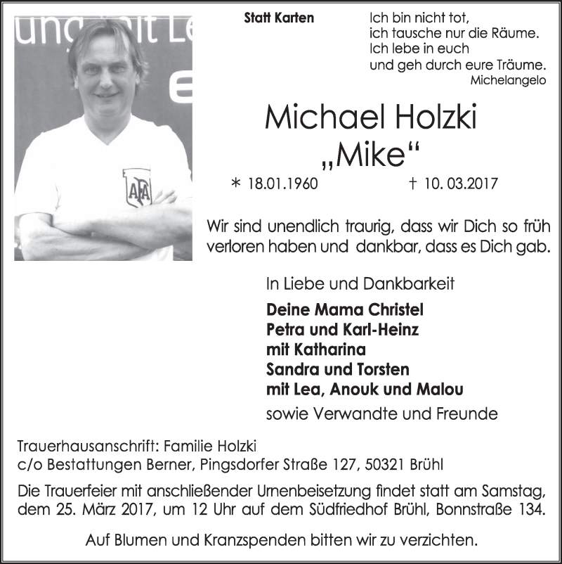  Traueranzeige für Michael Holzki vom 22.03.2017 aus  Schlossbote/Werbekurier 