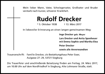 Anzeige von Rudolf Drecker von Kölner Stadt-Anzeiger / Kölnische Rundschau / Express