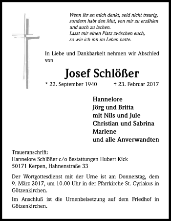 Anzeige von Josef Schlößer von Kölner Stadt-Anzeiger / Kölnische Rundschau / Express