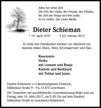 Anzeige von Dieter Schieman von Kölner Stadt-Anzeiger / Kölnische Rundschau / Express