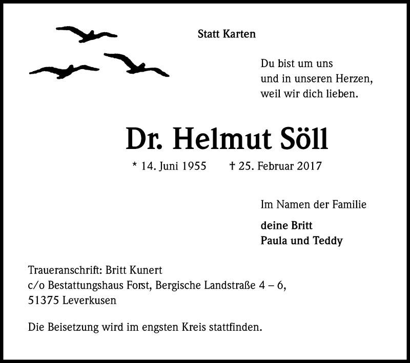  Traueranzeige für Helmut Söll vom 04.03.2017 aus Kölner Stadt-Anzeiger / Kölnische Rundschau / Express