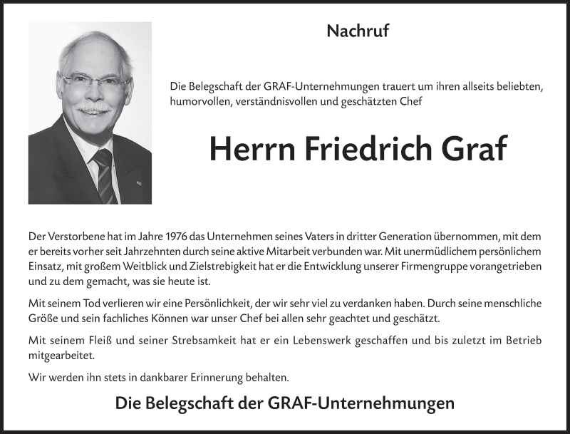  Traueranzeige für Friedrich Graf vom 08.03.2017 aus  Schlossbote/Werbekurier 