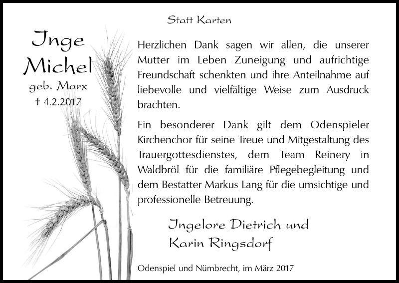  Traueranzeige für Inge Michel vom 11.03.2017 aus Kölner Stadt-Anzeiger / Kölnische Rundschau / Express