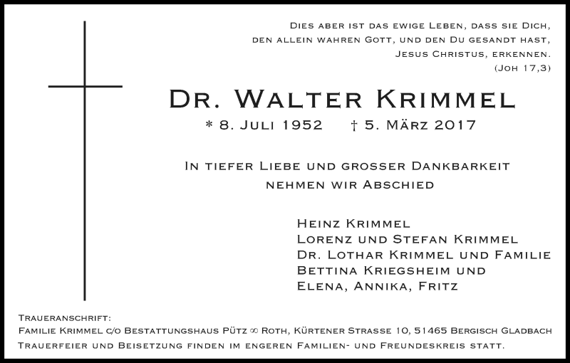  Traueranzeige für Walter Krimmel vom 18.03.2017 aus Kölner Stadt-Anzeiger / Kölnische Rundschau / Express