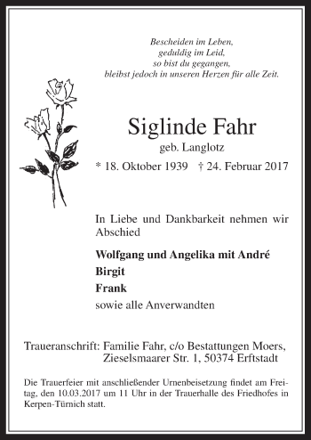 Anzeige von Siglinde Fahr von  Werbepost 