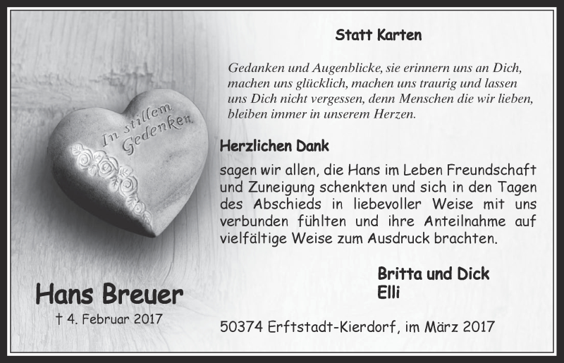  Traueranzeige für Hans Breuer vom 29.03.2017 aus  Werbepost 