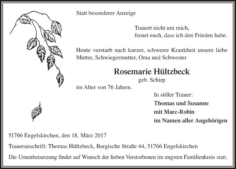  Traueranzeige für Rosemarie Hültzbeck vom 22.03.2017 aus  Anzeigen Echo 