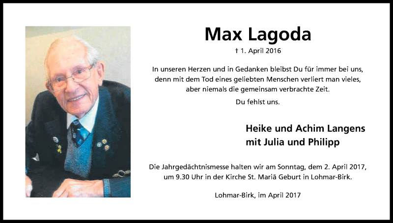  Traueranzeige für Max Lagoda vom 25.03.2017 aus Kölner Stadt-Anzeiger / Kölnische Rundschau / Express