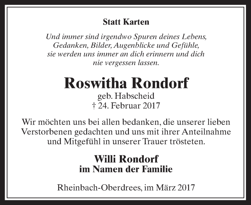  Traueranzeige für Roswitha Rondorf vom 22.03.2017 aus  Schaufenster/Blickpunkt 