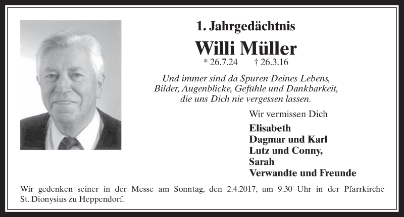 Traueranzeige für Willi Müller vom 29.03.2017 aus  Werbepost 