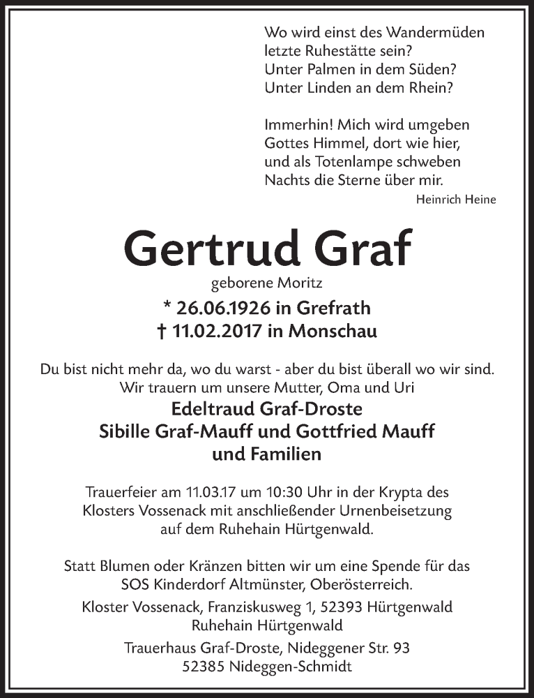  Traueranzeige für Gertrud Graf vom 04.03.2017 aus  Sonntags-Post 