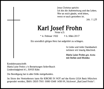 Anzeige von Karl Josef Frohn von Kölner Stadt-Anzeiger / Kölnische Rundschau / Express