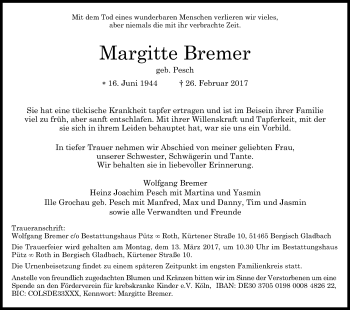 Anzeige von Margitte Bremer von Kölner Stadt-Anzeiger / Kölnische Rundschau / Express