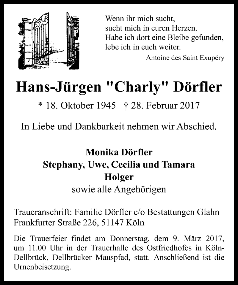  Traueranzeige für Hans-Jürgen Dörfler vom 08.03.2017 aus  Kölner Wochenspiegel 