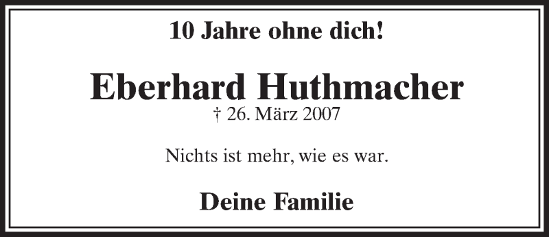  Traueranzeige für Eberhard Huthmacher vom 22.03.2017 aus  Schlossbote/Werbekurier 