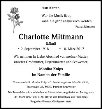 Anzeige von Charlotte Mittmann von Kölner Stadt-Anzeiger / Kölnische Rundschau / Express