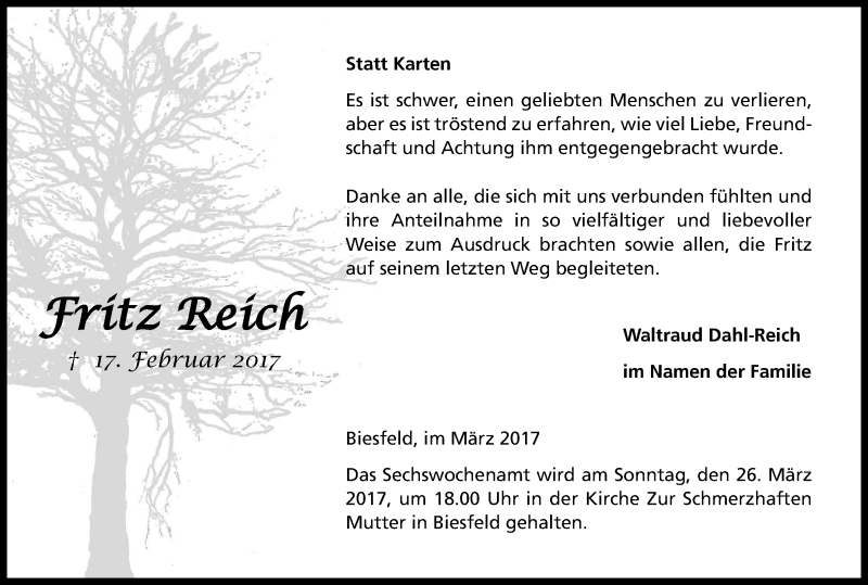  Traueranzeige für Fritz Reich vom 18.03.2017 aus Kölner Stadt-Anzeiger / Kölnische Rundschau / Express