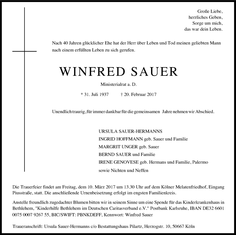  Traueranzeige für Winfred Sauer vom 06.03.2017 aus Kölner Stadt-Anzeiger / Kölnische Rundschau / Express