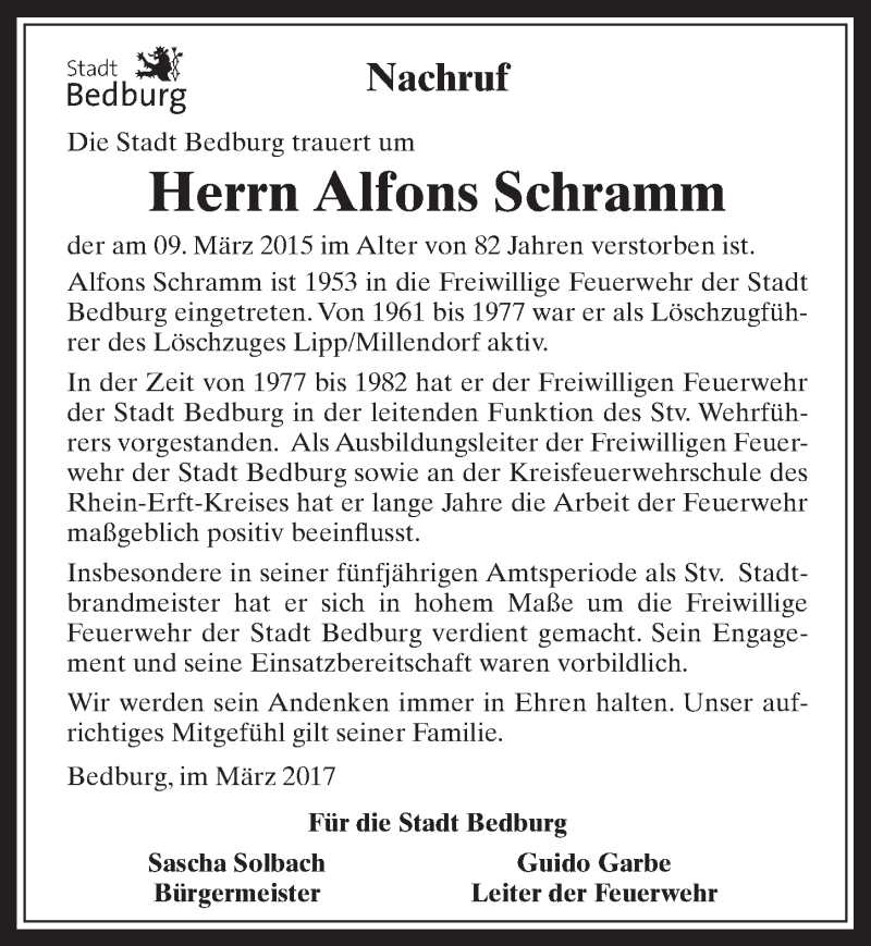  Traueranzeige für Alfons Schramm vom 29.03.2017 aus  Werbepost 