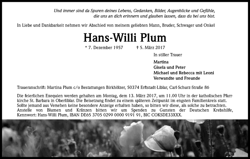  Traueranzeige für Hans-Willi Plum vom 11.03.2017 aus Kölner Stadt-Anzeiger / Kölnische Rundschau / Express
