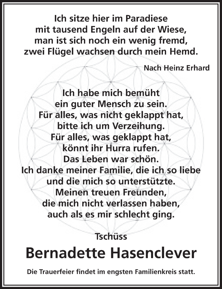  Traueranzeige für Bernadette Hasenclever vom 29.03.2017 aus  Anzeigen Echo 
