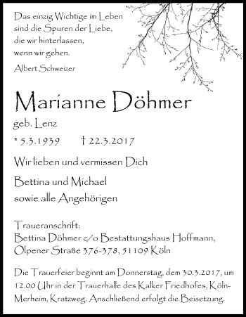 Anzeige von Marianne Döhmer von Kölner Stadt-Anzeiger / Kölnische Rundschau / Express