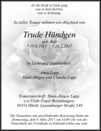 Anzeige von Trude Hündgen von Kölner Stadt-Anzeiger / Kölnische Rundschau / Express