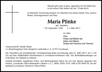 Anzeige von Maria Plinke von Kölner Stadt-Anzeiger / Kölnische Rundschau / Express