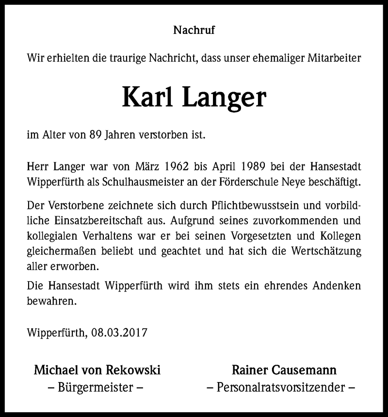  Traueranzeige für Karl Langer vom 11.03.2017 aus Kölner Stadt-Anzeiger / Kölnische Rundschau / Express