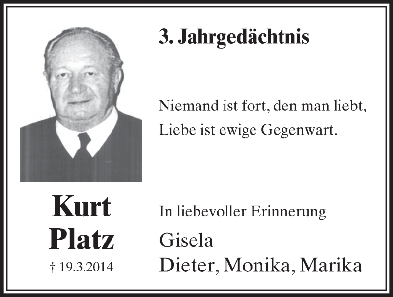  Traueranzeige für Kurt Platz vom 22.03.2017 aus  Schlossbote/Werbekurier 