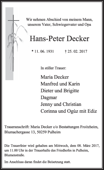 Anzeige von Hans-Peter Decker von  Sonntags-Post 