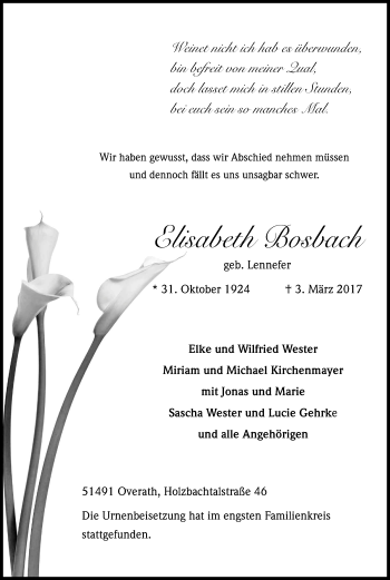 Anzeige von Elisabeth Bosbach von Kölner Stadt-Anzeiger / Kölnische Rundschau / Express
