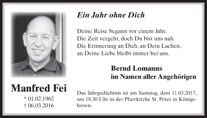  Traueranzeige für Manfred Fei vom 08.03.2017 aus  Werbepost 