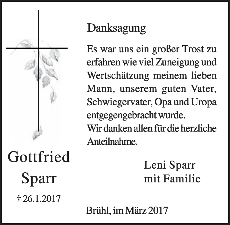  Traueranzeige für Gottfried Sparr vom 15.03.2017 aus  Schlossbote/Werbekurier 