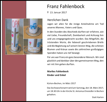 Anzeige von Franz Fahlenbock von Kölner Stadt-Anzeiger / Kölnische Rundschau / Express