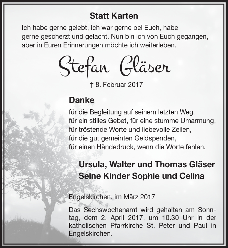  Traueranzeige für Stefan Gläser vom 22.03.2017 aus  Anzeigen Echo 