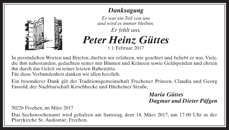  Traueranzeige für Peter Heinz Güttes vom 08.03.2017 aus  Wochenende 
