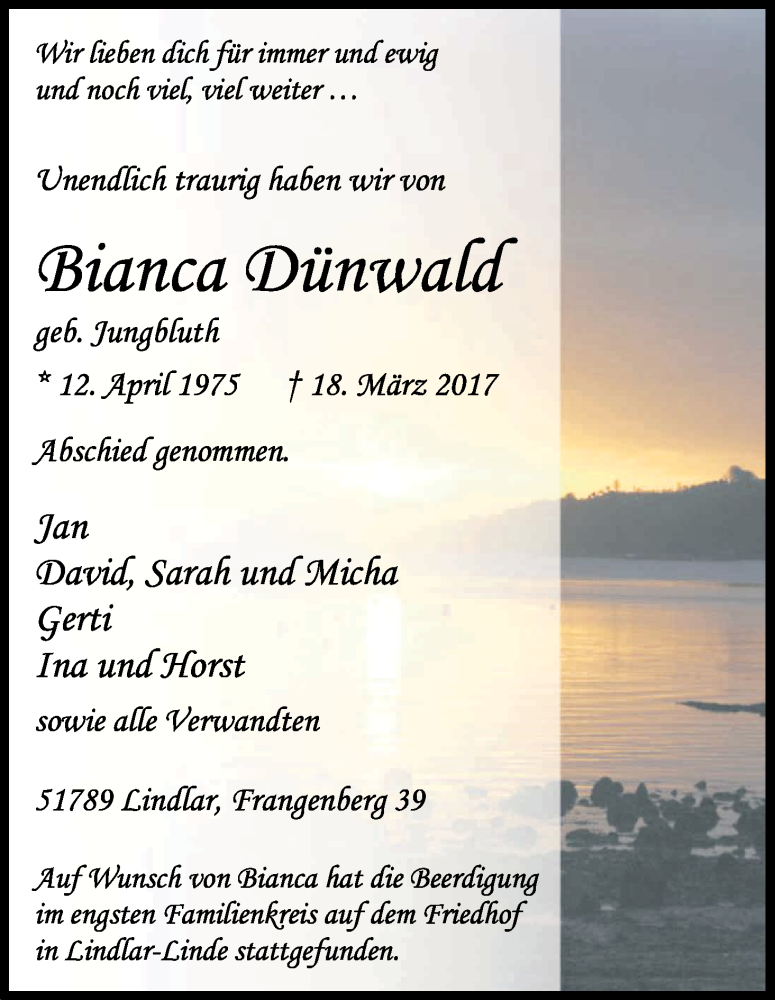  Traueranzeige für Bianca Dünwald vom 29.03.2017 aus Kölner Stadt-Anzeiger / Kölnische Rundschau / Express