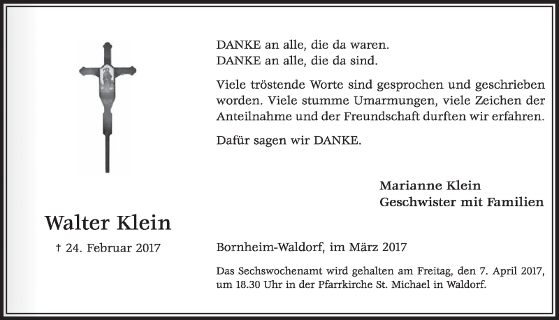  Traueranzeige für Walter Klein vom 29.03.2017 aus  Schaufenster/Blickpunkt  Schlossbote/Werbekurier 