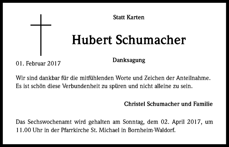  Traueranzeige für Hubert Schumacher vom 25.03.2017 aus Kölner Stadt-Anzeiger / Kölnische Rundschau / Express