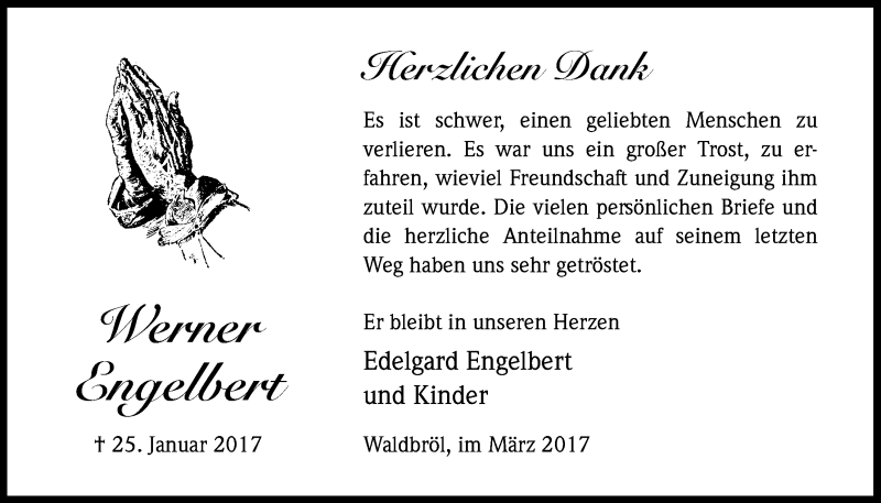  Traueranzeige für Werner Engelbert vom 08.03.2017 aus  Lokalanzeiger 
