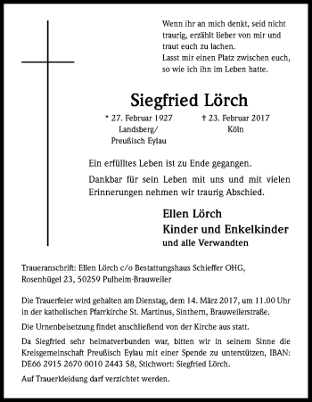 Anzeige von Siegfried Lörch von Kölner Stadt-Anzeiger / Kölnische Rundschau / Express