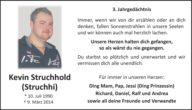  Traueranzeige für Kevin Struchhold vom 08.03.2017 aus  Kölner Wochenspiegel 