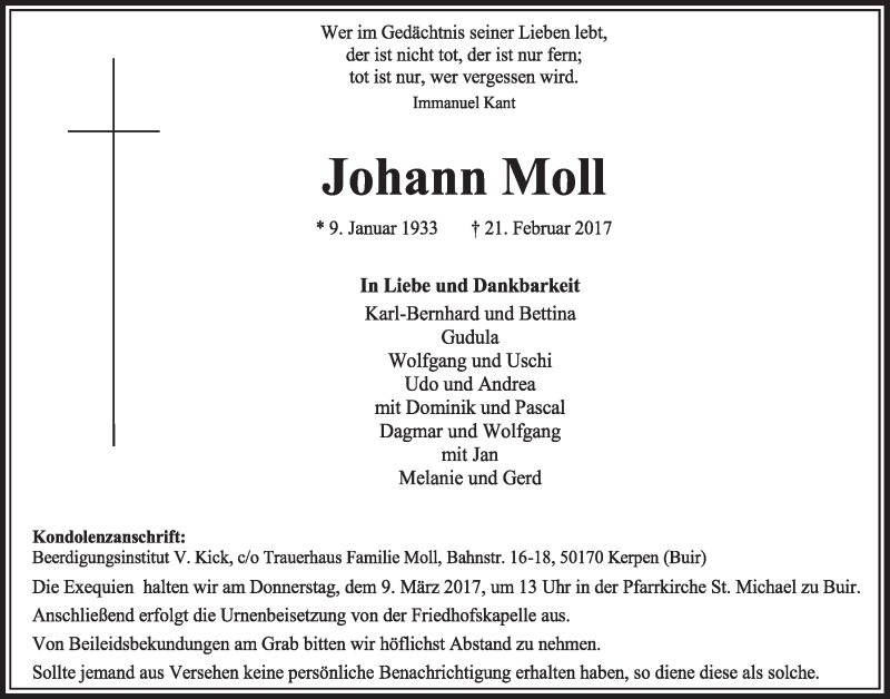  Traueranzeige für Johann Moll vom 04.03.2017 aus  Sonntags-Post 