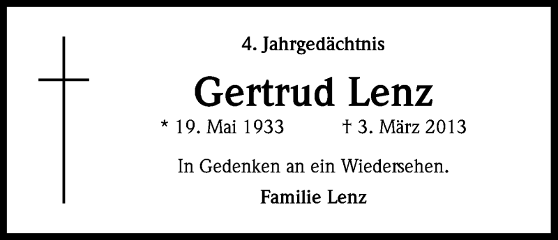  Traueranzeige für Gertrud Lenz vom 03.03.2017 aus Kölner Stadt-Anzeiger / Kölnische Rundschau / Express