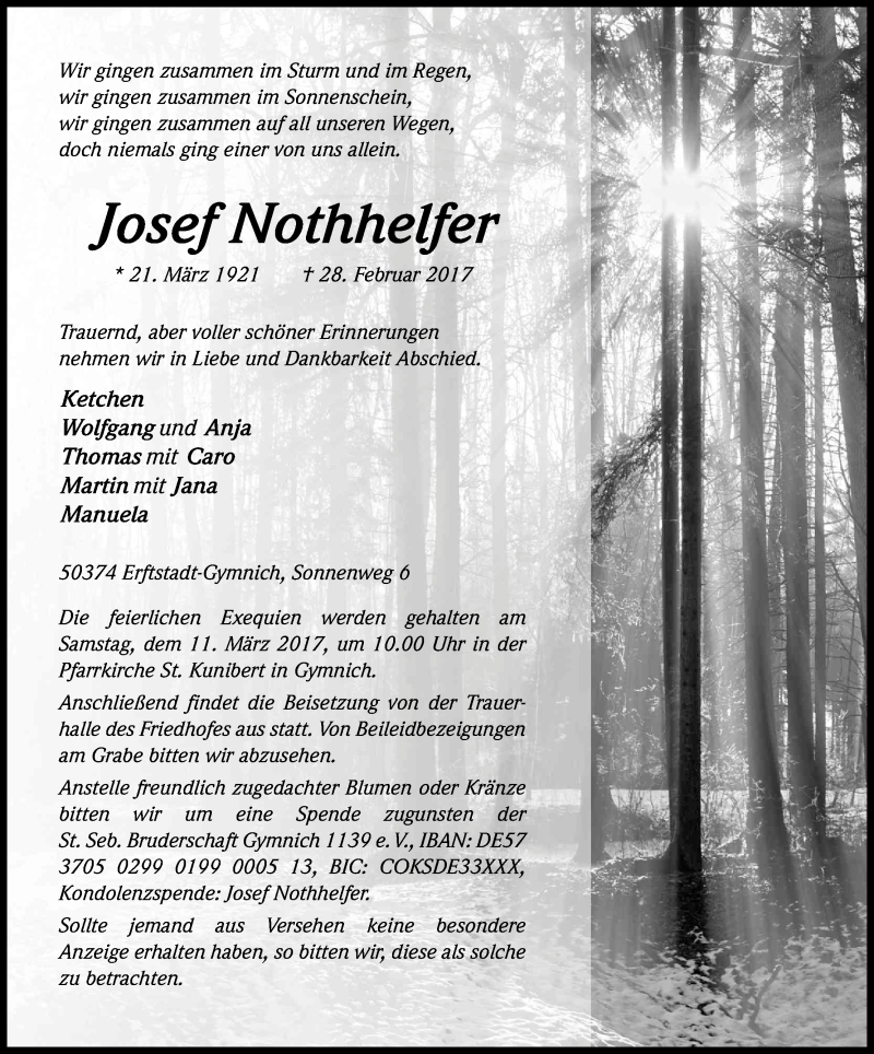  Traueranzeige für Josef Nothhelfer vom 08.03.2017 aus Kölner Stadt-Anzeiger / Kölnische Rundschau / Express