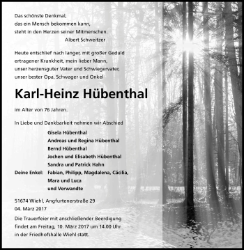 Anzeige von Karl-Heinz Hübenthal von Kölner Stadt-Anzeiger / Kölnische Rundschau / Express